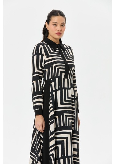 Geometrik Desenli Siyah-bej Vual Elbise Siyah Siyah