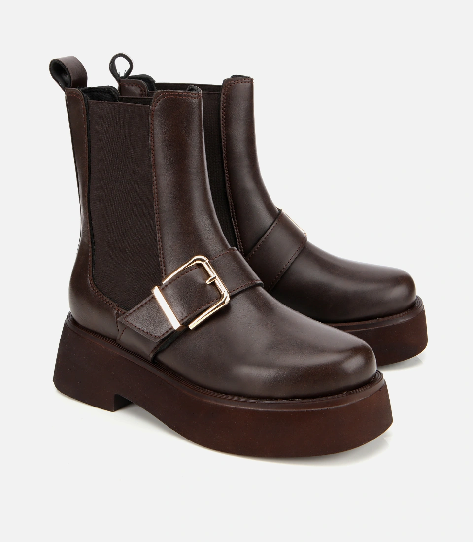 Hotiç Kadın Kahverengi Lastik Detaylı Tokalı Kalın Tabanlı Düz Bot 01boh314870a480 01boh314870a480 Kahverengi