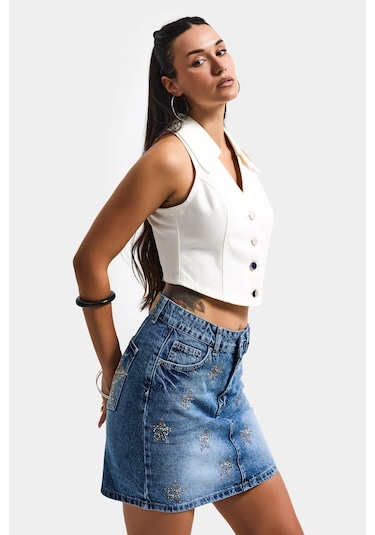 Itsbasic Kadın Mavi T-4s6-4 Straight Mini Parlak Yıldız Taşlı Özel Tasarım Denim Etek