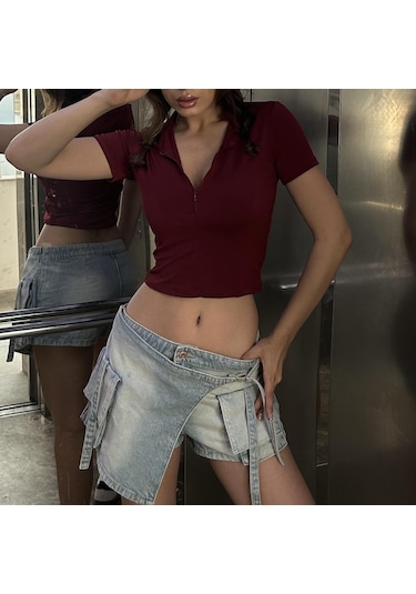 Bordo Balıkçı Yaka Yarım Fermuarlı Kısa Kollu Crop-6389 Bordo