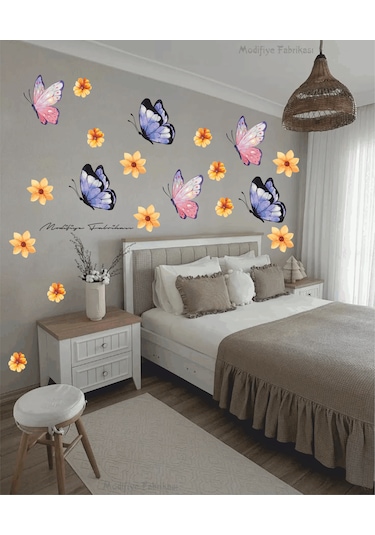 Kelebekler Ve Çiçekler Çocuk Bebek Odası Cam Duvar Sticker Seti Siyah