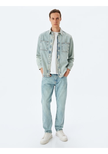 Koton Düğmeli Cep Detaylı Pamuklu Kot Gömlek Ceket Açık İndigo 5sam50011nd Açık İndigo