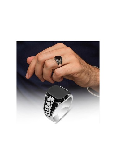 Siyah Oniks Taşlı Damar Desenli 925 Gümüş Yüzük Beyaz