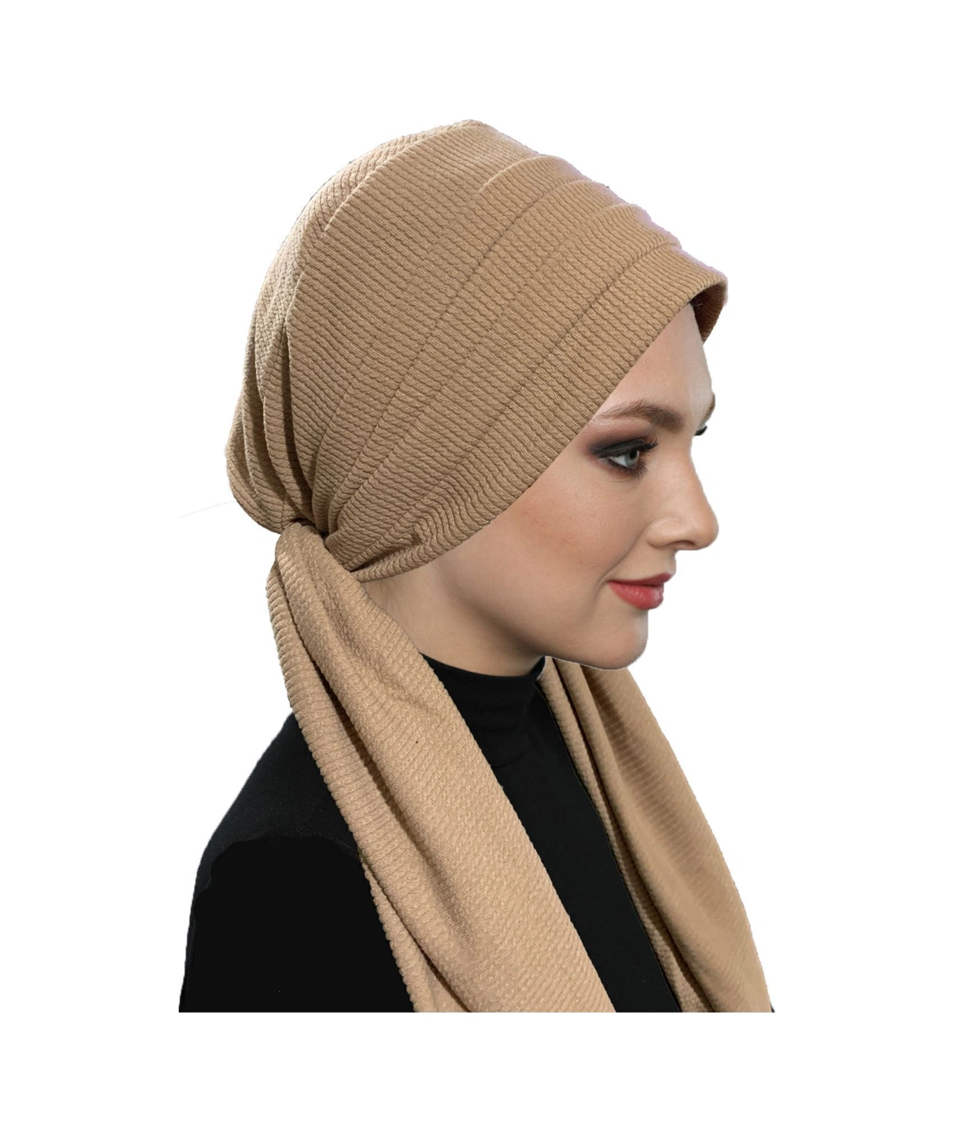 Fitilli Penye Bağlama Camel Hazır Türban Tesettür Bone Camel