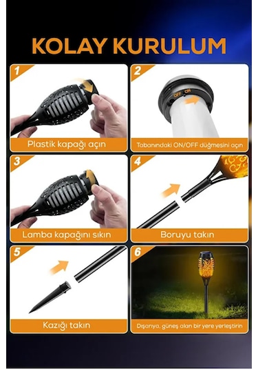 4 Adet Alev Efektli Meşale Solar Led Güneş Enerjili Bahçe Lambası Aydınlatması Armatür 50 Cm 1