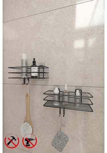 Alper Banyo Yapışkanlı Kancalı 2 Adet Banyo Rafı Banyo Duş Askısı Mat Siyah
