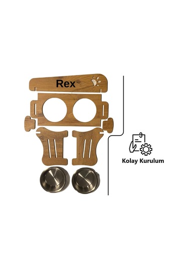 Realwood Ahşap Kademeli Eğimli Çelik Kaseli Kedi Köpek Mama Su Kabı 400 ML