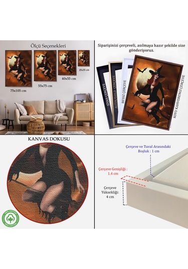 Çerçeveli Süpürge İle Uçan Cadı, Cadılar Bayramı Helloven Duvar Tablosu -6086