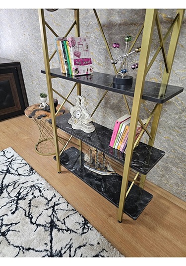 Çıkıntılı Gold Boyalı Kitaplık - 5 Raflı Suntalem Lüks Kitaplık S Çok Renkli