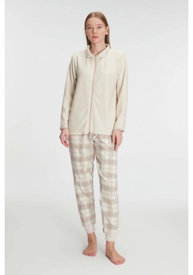 Fermuarlı Uzun Kol Sweatshirt Pantolon Takım Viskon Ve Pamuklu Pijama Takımı Ten