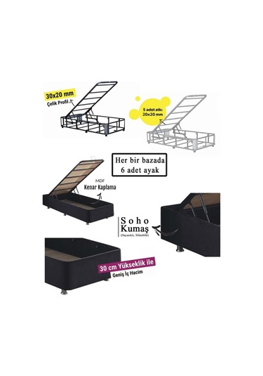 Nironyatak Niron Ela Baza -140X190 Cm Çift Kişilik Sandıklı Siyah Kumaş Baza