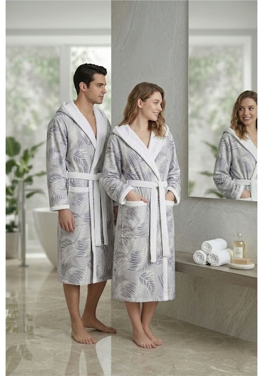 Modern Botanik Pamuklu Desenli Kapüşonlu Bornoz Gri Modern Botanik