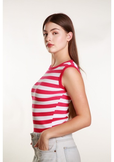 Kadın Pempebeyaz Çizgili Fitilli Likralı Sıfır Kol Bisiklet Yaka Örme Atlet Tshirt Bluz Pembe - Beyaz