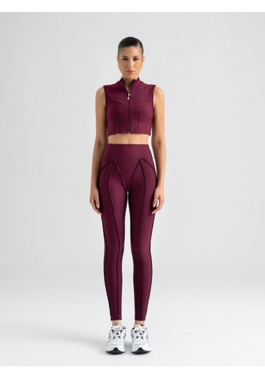 Dikişle Modellenmiş Spor Tayt Mürdüm