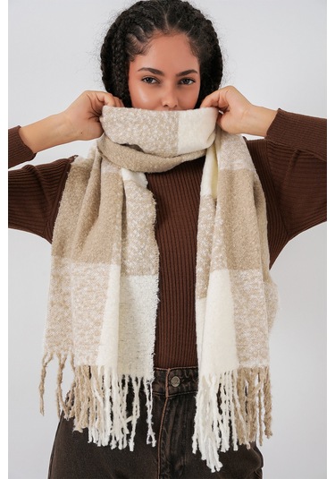 Kadın Yumuşak Dokulu Kalın Şal Atkı 15951 - Vizon Vizon
