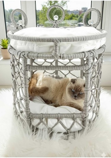 Reyo Lüxperi Kristal Taşlı İki Katlı Kedi Yatağı, Kedi Ranzası Açık Gri