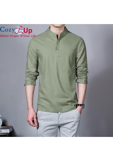 Rahat Up Polo Gömlek Erkekler Moda Uzun Kollu Mandarin Yaka Gömlek Erkek Rahat Keten Gömlek Adam Artı Beyaz Yeşil