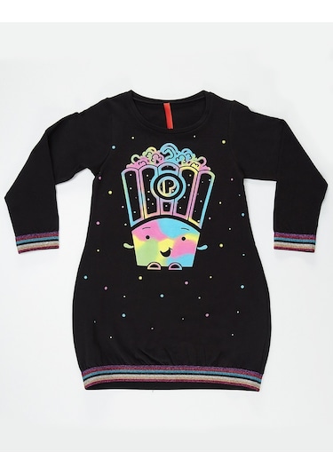Denokids Mushi Popcorn Siyah Kız Elbise Çok Renkli