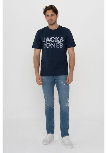 Jack & Jones 12215700  Techlogo Bisiklet Yaka Logolu Tisört Navy Blazer Lacivert