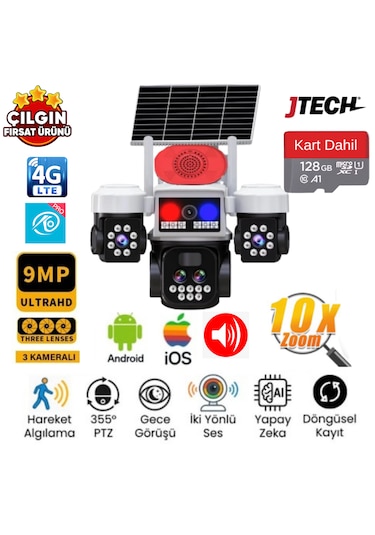 O-kam 5051 3mp+3mp+3mp 9mp 4g Sim Kartlı Solar Panelli 10x Optik Zoom 3 Lens Alert Ptz + 128gb Sd Kart