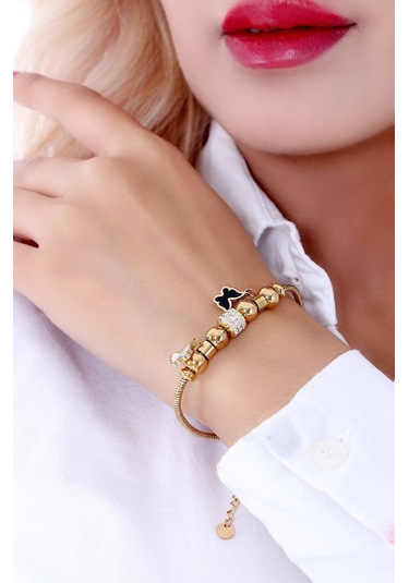 Kadın Taşlı Kelebek  Çelik Bileklik Altın Kaplama Gold