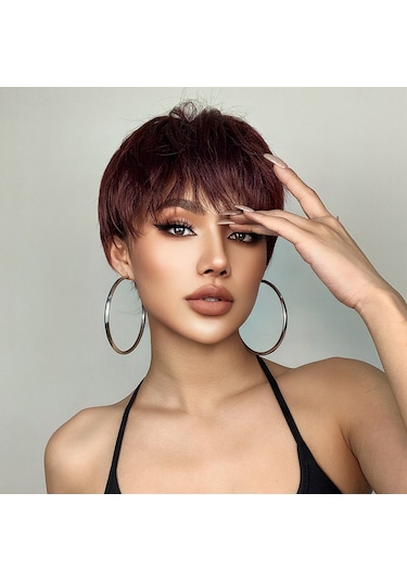 Kadın Perukları Kısa Katmanlı Peri Kesim Peruklar Saç Bantlı Doğal Görünümlü Kabarık Saç Peruk