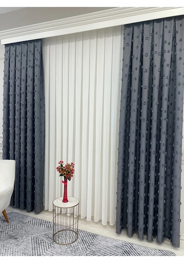 Brillant Carla Puffy Püsküllü Perde İstenilen Tüm Ölçülerde Koyu Gri Koyu Gri