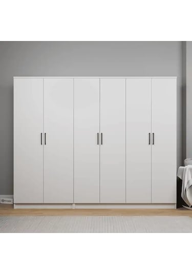 Kardelen Serisi 220 Cm Mat Beyaz 6 Kapılı 9 Raflı Elbise Dolabı - Gardırop Seti Beyaz