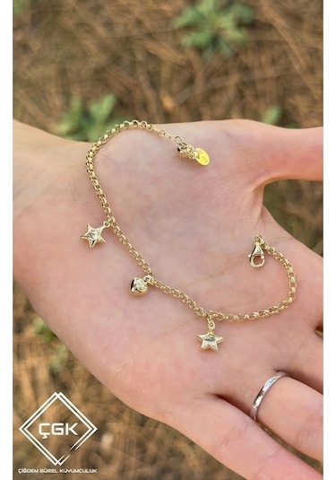 Çgk Çiğdem Gürel Kuyumculuk Doç Zincir Kalpli Yıldızlı Altın Bileklik Çok Renkli