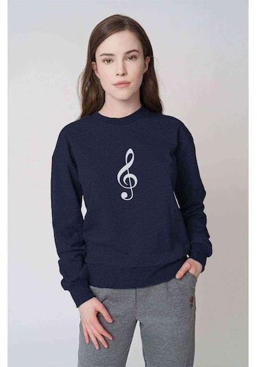 Sol Anahtarı Baskılı Indigo Mavi Kadın Sweatshirt (528287802)