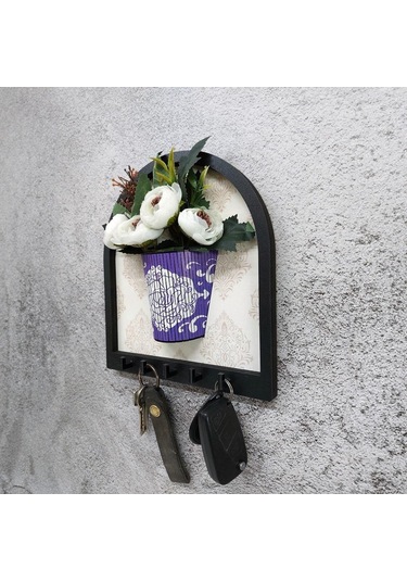 Cajuart Ahşap Motifli Mor Saksı İçinde Beyaz Yapay Çiçek Askılık Duvar Dekoru