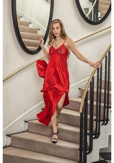 Dantelli Uzun Yırtmaçlı Saten Gecelik Elbise String Takım Kırmızı Mgp31512 Kırmızı