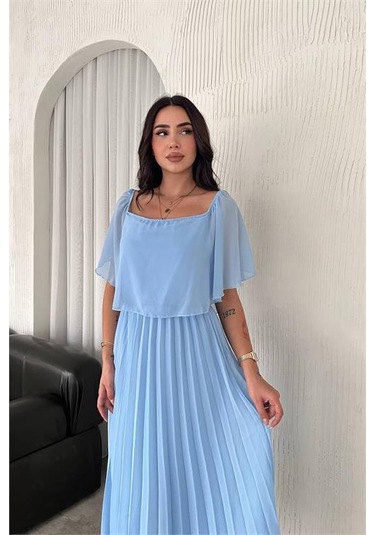 Dipmoda Kadın Madonna Yaka Piliseli Şifon Elbise Dpk2099 Bebe Mavisi