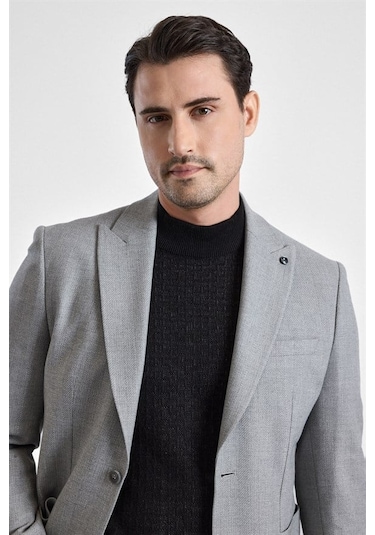 Süvari Gri Slim Mono Yaka Torba Cep 6 Drop Klasik Ceket Ct2021600416-s05