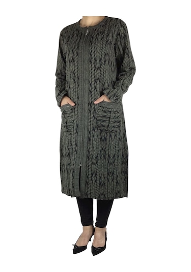 Kadın Önü Fermuarlı Üstten Cepli Kalın Kap Yeşil