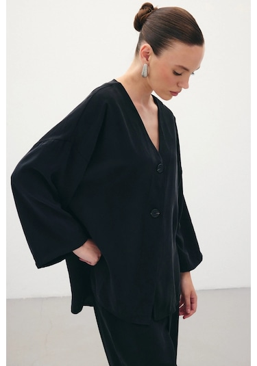 Sateen Düğmeli Kimono - Siyah Siyah