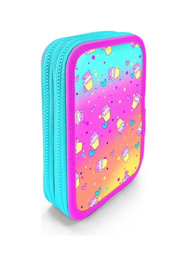 Coral High Kids Renkli Dondurmalı Kedi Desenli Çift Katlı Kalem Çanta 11139 Çok Renkli