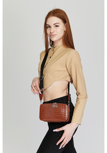 Morpelikan Taba Kroko İki Bölmeli Kadın Omuz Çantası Taba