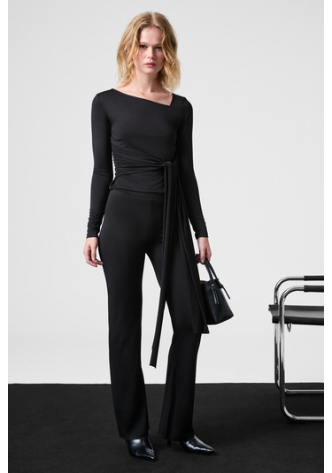 Grımelange Lorelıs Kadın Esnek Kumaşlı Geniş Paçalı Dikiş Detaylı Siyah Pantolon siyah