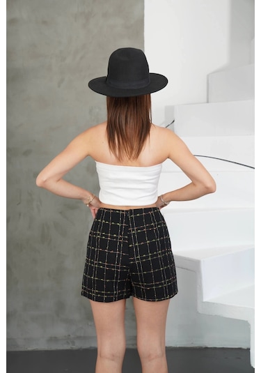 Defymoda İki Düğmeli Şort Etek Siyah H26414 Siyah