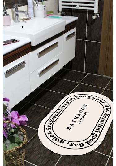 Bathroom Yazılı, Yazılı Banyo Paspası, Dekoratif Paspas, 60x100 Krem