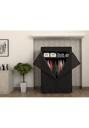 Dzgn Home Çelik Borulu Plastik Raflı Bez Dolap Gardırop - Siyah