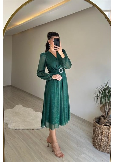 Neşeli Butik Kadın Kruvaze Yaka Tokalı Midi Boy Işıltılı Elbise Nm009 Yeşil