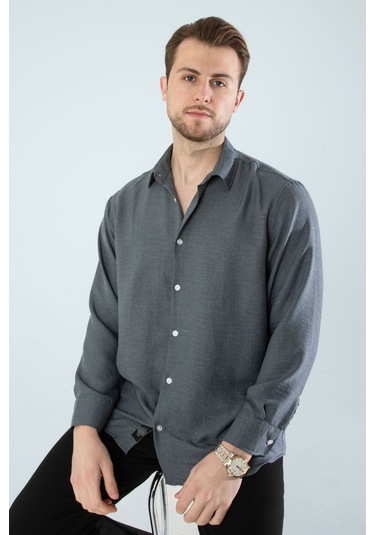 Rahat Kesim Keten Dokulu Gömlek Füme