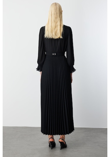 Moda İlgi Kadın Ön Bedeni Taşlı Piliseli Elbise 0060 Siyah Siyah