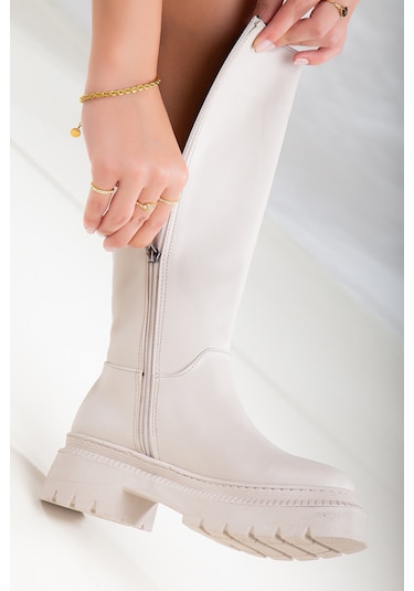 D812 Kadın Çekme Günlük Çizme Bot Garantili Ürün Bej