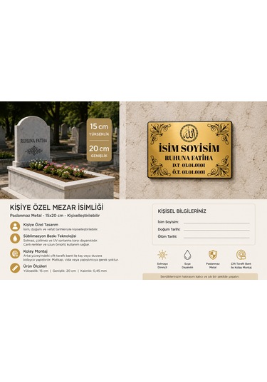 Kişiye Özel Metal Mezar İsimliği 15x20 Cm Paslanmaz Metal Levha Baskılı Mezarlık Levhası