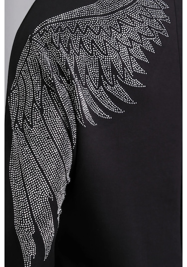 Sırtı Kanat Taş Baskılı Sweatshirt Siyah