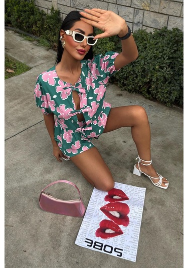 Kadın Multi Çiçek Desenli Poplin Kısa Takım Çok Renkli