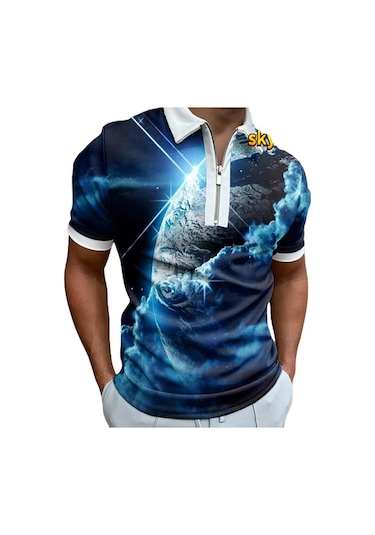 Gökyüzü Mavisi Rahat Yaka T-shirt Genç Erkek Moda Fermuar Kısa Kollu Tişört Erkek 3d Yeşil Işınları Baskı T Gömlek Gök Mavisi